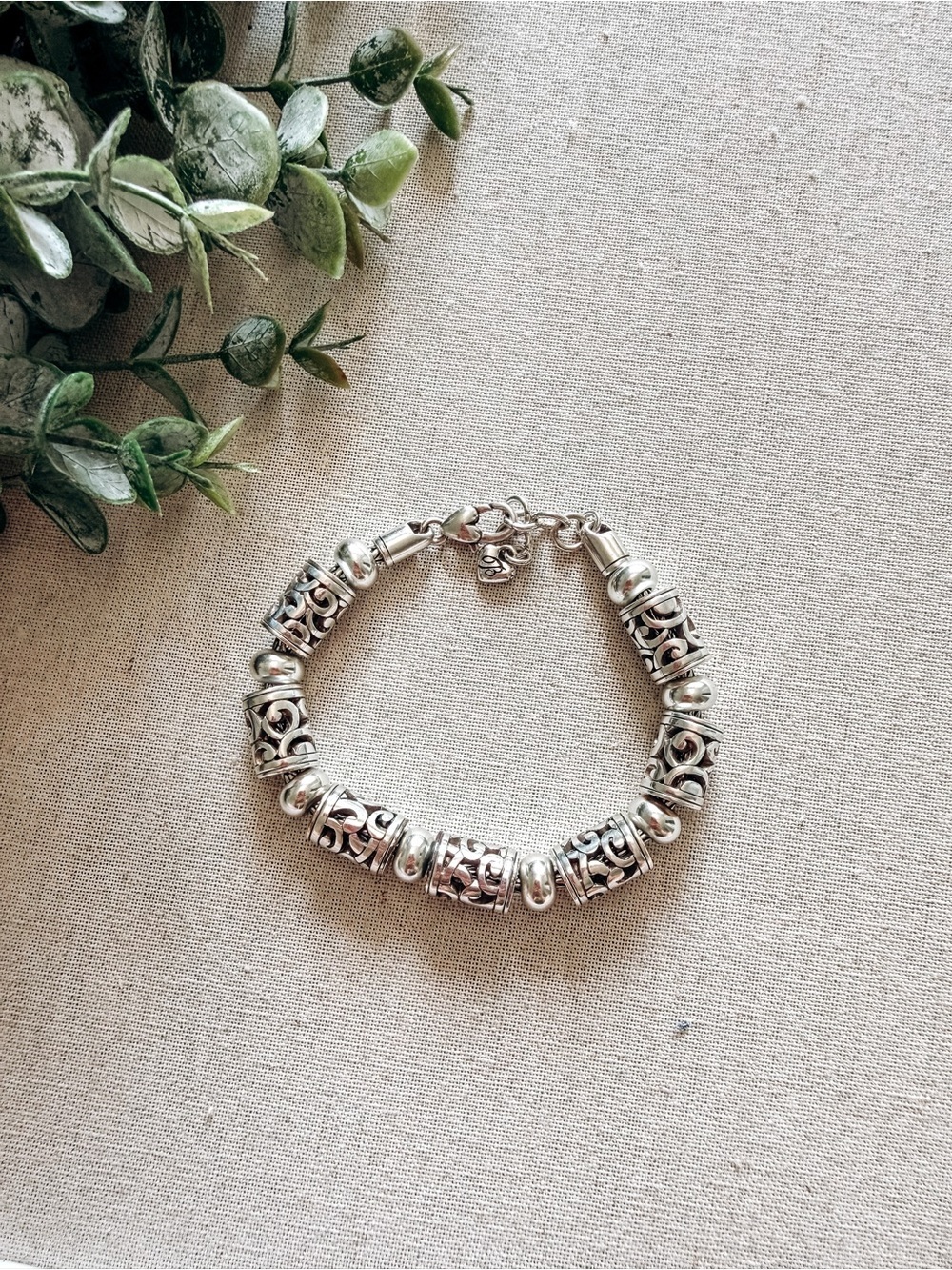 Brighton Silver Scroll Beaded Bracelet Chunky Barrel Beads Heart Charm